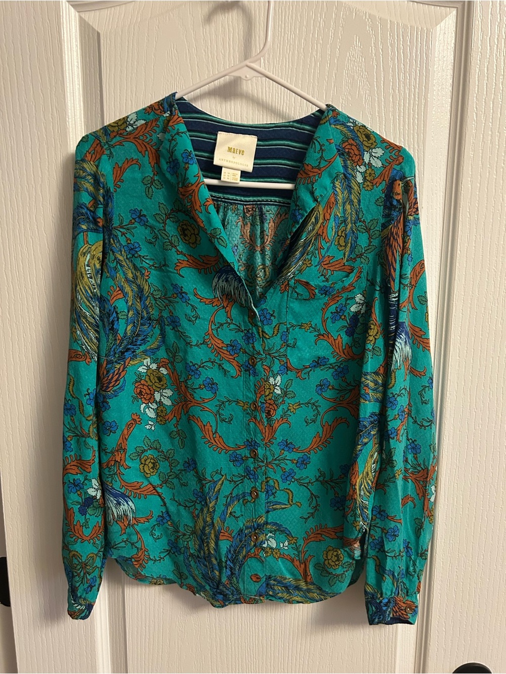 Anthropologie Teal Paisley-Print V-Neck Blouse